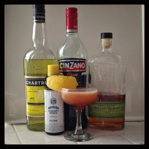 The Greenpoint cocktail (shaken) and ingredients, save orange bitters